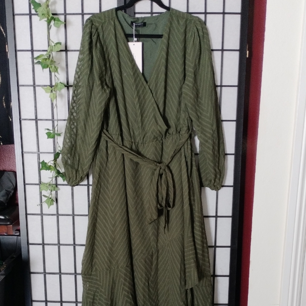 Olive Green Wrap Dress with Tie Waist